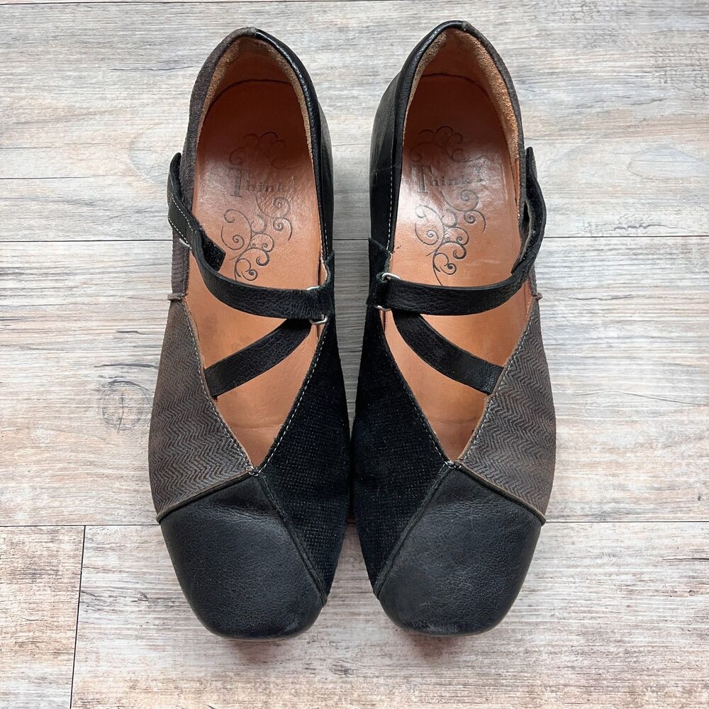 Think! Leather Mary Jane Shoes 41 US 9 Black Brown Vintage Y2K Comfort Whimsical